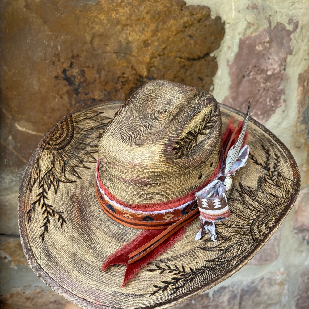 New Hand Burned & Painted Larry Mahan 30X Palm leaf hat Sz 6 3/4
